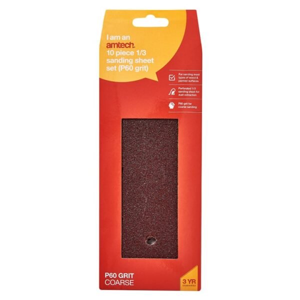 Amtech 10 x 1/3 P60 grit sanding sheets (93mm x 230mm) - Image 2