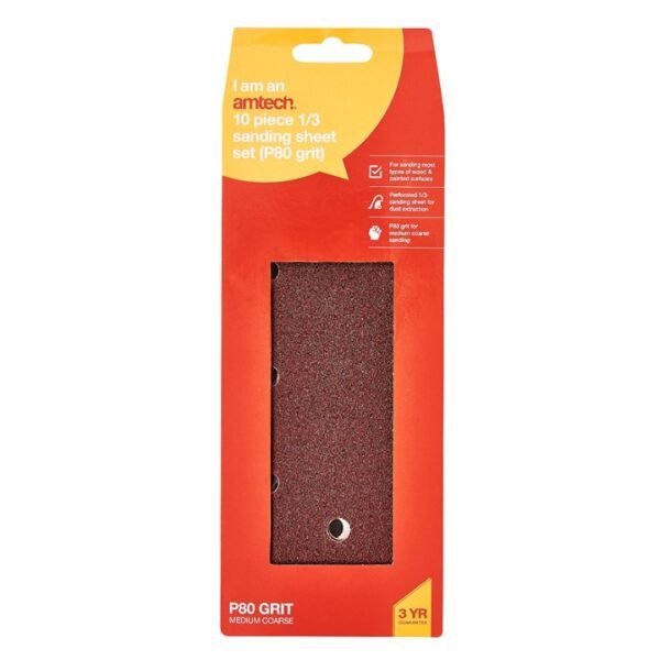 Amtech 10 x 1/3 P80 grit sanding sheets (93mm x 230mm) - Image 2