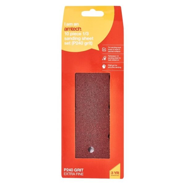Amtech 10 x 1/3 P240 grit sanding sheets (93mm x 230mm) - Image 2