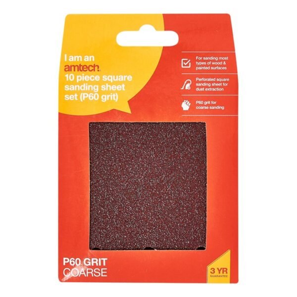 Amtech 10 x P60 grit square sanding sheets (110mm x 100mm) - Image 2