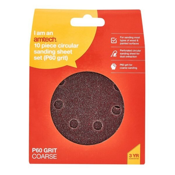 Amtech 10 x P60 grit circular sanding sheets (115mm diameter) - Image 2