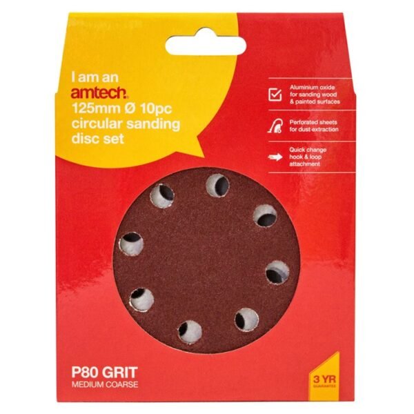 Amtech 10 x P80 grit circular sanding sheets (125mm diameter) - Image 2